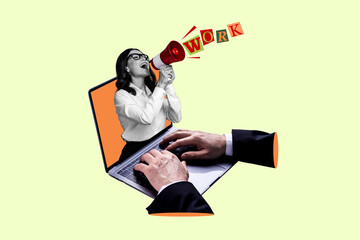 Poster - Creative collage poster banner image of excited lady boss in netbook monitor scream bullhorn advertise join company vacancy