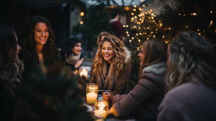 Group of women friends having fun at a Christmas market on a cold winter day.