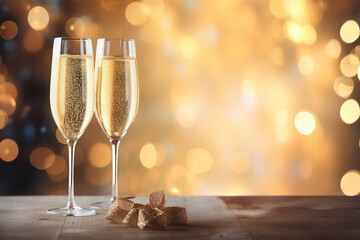 Sticker - Christmas and New Year holidays bokeh background with copy space. Toasting with champagne glasses against holiday lights. winter season