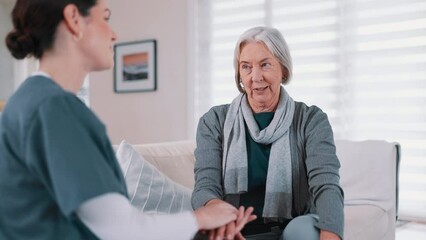 Poster - Consulting, caregiver and senior woman on sofa for care, empathy and medical service in home. Healthcare, retirement and nurse talking to elderly patient in living room for help, support and wellness