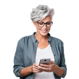 Fototapeta Uliczki - A middle-aged woman using her smartphone for internet and social media, isolated on a clear PNG background.