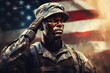 Black American military soldier salute, USA flag in the background, generative AI.