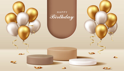Wall Mural - Happy Birthday banner for product demonstration. Beige pedestal or podium with balloons and confetti on beige background.