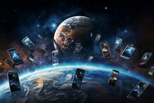 Mobile Phones Fly Around Earth Planet
