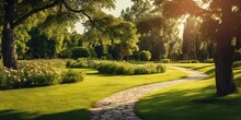 Sunlit Serenity  Enchanting Summer Path Amidst Lush Garden, Generative AI