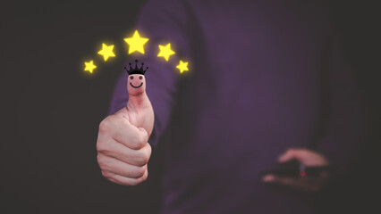 Poster - Hand with thumb up positive emotion smile face icon and five star with copy space. Online review concept of assessment testimonial customer service and feedback, Opinion rating very good.