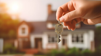 Man holding house key from new apartment outdoors. Real estate agent, mortgage, investment, rent, property concept, generative ai