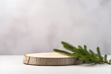 Poster - Wooden podium for product presentation with fir branches on a white background. High quality photo