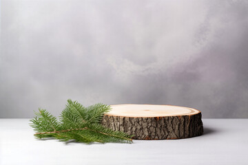 Poster - Wooden podium for product presentation with spruce twig on gray background. High quality photo