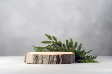 Poster - Wooden podium with fir tree branches on grey background. Mockup for product presentation. High quality photo