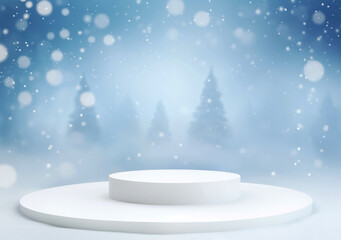 Poster - Christmas background with white podium and christmas trees snowflake. High quality photo