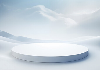 Poster - White podium on snow hill and background of white sky with clouds. High quality photo