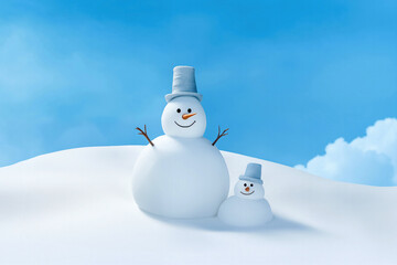Poster - Cheerful snowman father and son on white snow fields with blue sky background copy space. High quality photo