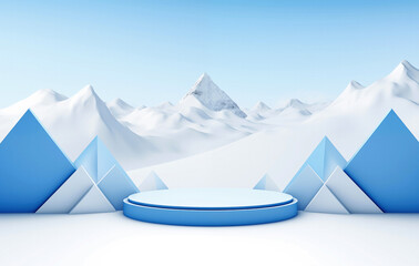 Poster - Winter mountain scene with blue podium and triangle element background. High quality photo
