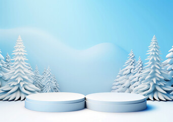 Poster - Double podium and pedestal with white colors in winter trees blue background. High quality photo