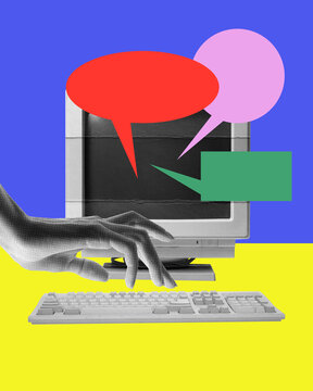 E-marketing. Human hand typing on computer keyboard, many mails on screen, Business communication. Contemporary art. Concept of y2k style, retro items, vintage, creativity, imagination, surrealism.