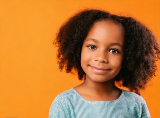 Canvas Print - Brunette child smiling face closeup isolated on colorful orange studio background