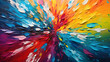 Closeup of abstract rough colorful bold rainbow colors explosion painting texture, with oil brushstroke, palette knife paint on canvas Art background, generative ai