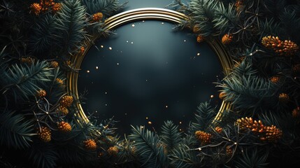 Wall Mural - Background of fir tree branches with neon light frame