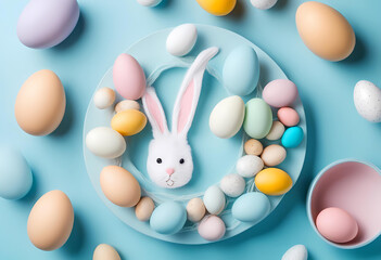 Painting Easter composition concept. Top view photo of white circle colorful easter eggs and bunny ears on isolated pastel blue background with copy space.