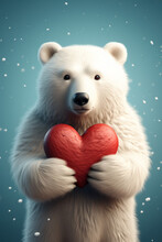 White Bear Holding A Red Heart On A Blue Background With Snow