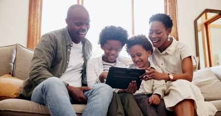 Poster - Happy black family, tablet and relax on sofa for online streaming or entertainment together at home. Father, mother and children smile with technology for fun bonding, games or watching at house