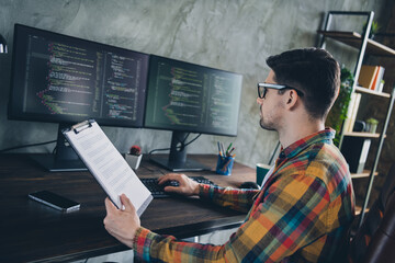 Poster - Profile portrait of experienced java script coder hold clipboard documents keyboard typing pc display office indoors