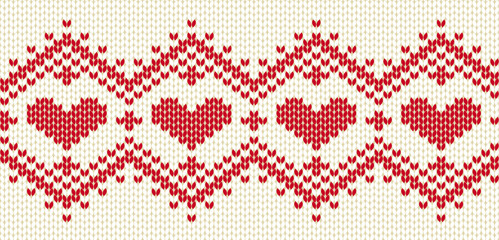 Wall Mural - Knitted seamless border with red hearts. Red and white ornament