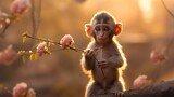Little baby monkey sitting on a tree branch with pink flowers in the background