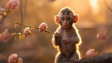 Little Baby Monkey Sitting On A Tree Branch With Pink Flowers In The Background