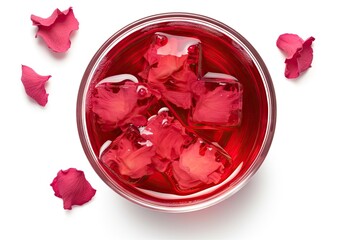 Hibiscus Tea, Dry Rose Drink, Cold Fruit Red Tea in Transparent Mug, Roselle Hibiscus Tea