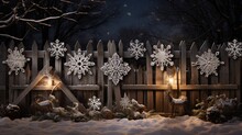Snowflakes Adorning A Rustic Wooden Fence, Adding A Touch Of Seasonal Beauty To A Countryside Christmas.