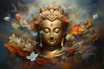 Wall Mural - abstract oil painting of glowing 3d golden buddha with flowers and butterflies