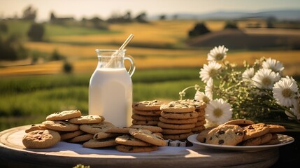 A plate of cookies milk and chocolates on a table. Generated AI