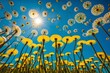 A vast field comes to life with the vibrant yellow of dandelions against a backdrop of a clear blue sky.