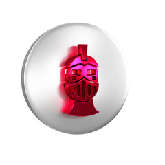 Poster - Red Medieval iron helmet for head protection icon isolated on transparent background. Silver circle button.