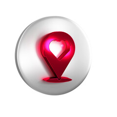 Poster - Red Map pointer with heart icon isolated on transparent background. Valentines day. Love location. Romantic map pin. Silver circle button.