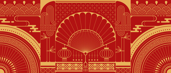 Wall Mural - Red golden asian luxury ornament background.