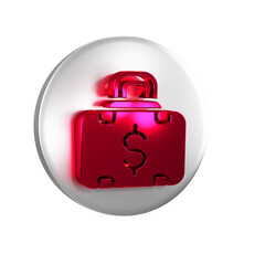 Poster - Red Briefcase and money icon isolated on transparent background. Business case sign. Business portfolio. Silver circle button.