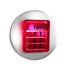 Sticker - Red Calculator icon isolated on transparent background. Accounting symbol. Business calculations mathematics education and finance. Silver circle button.