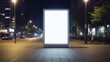 Mockup. Blank white vertical advertising banner billboard stand on the sidewalk at night.