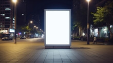 Mockup. Blank White Vertical Advertising Banner Billboard Stand On The Sidewalk At Night.