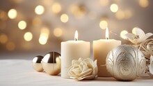  A Group Of Three Candles Sitting On Top Of A Table Next To A Christmas Ornament And A White Rose On Top Of A White Table Cloth With A Gold Ornament.