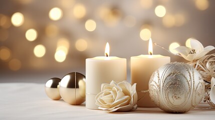  a group of three candles sitting on top of a table next to a christmas ornament and a white rose on top of a white table cloth with a gold ornament.