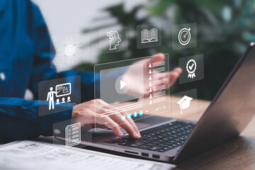 Education learning and technology, Artificial intelligence for modern learning concept, Young women use laptop learning with online application Communication and knowledge exchange through video