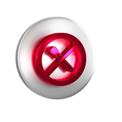 Wall Mural - Red No fire match icon isolated on transparent background. No open flame. Burning match crossed in circle. Silver circle button.