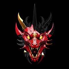 Wall Mural - Low poly triangular dragon
fiery face on black background, vector illustration isolated.  Polygonal style trendy modern logo design. Suitable for printing on a t-shirt.