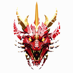 Wall Mural - Low poly triangular dragon fiery head breaks into pieces on white background,  vector illustration isolated. Polygonal style trendy modern logo design. Suitable for printing on a t-shirt.