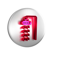 Sticker - Red Shower head with water drops flowing icon isolated on transparent background. Silver circle button.