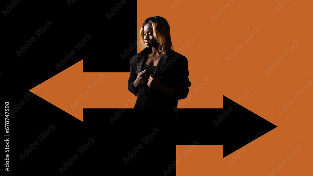 Business African American woman. Girl near arrows in different directions. Concept of difficult choice. Business woman at crossroads. Serious lady makes choice. Businesswoman thought. Female decision